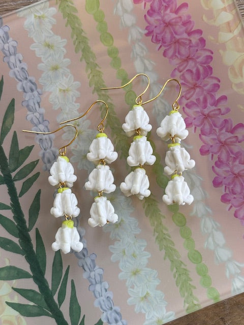 Triple White Crown Flower Dangle on Gold