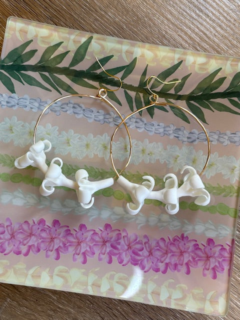 Triple White Puakenikeni Hoops on Gold