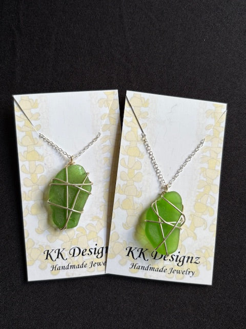 Green Wrapped Seaglass on Silver