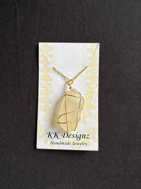 White Wrapped Seaglass on Gold