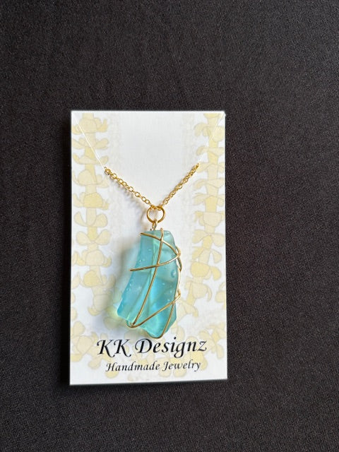 Blue Wrapped Seaglass on Gold