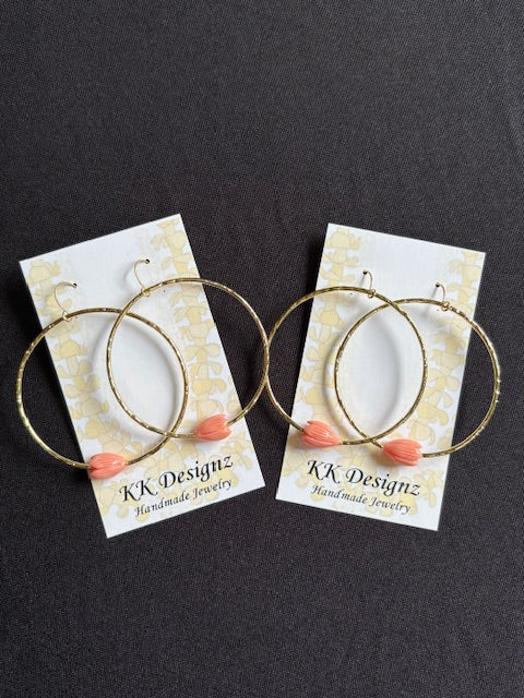 Pink Pikake Hammered Hoops on Gold