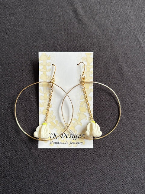 White Crown Flower Dangle Hoops on Gold