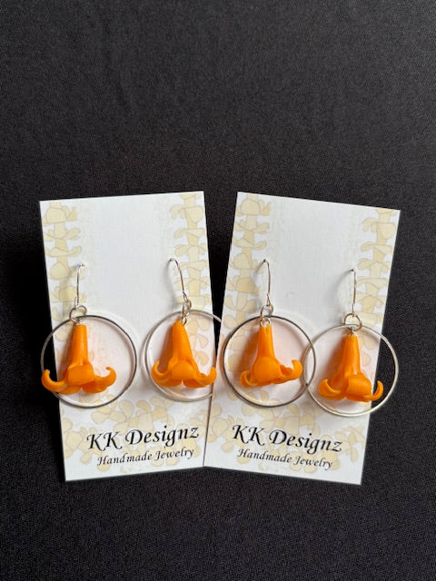 Orange Puakenikeni Mini Hoops on Silver